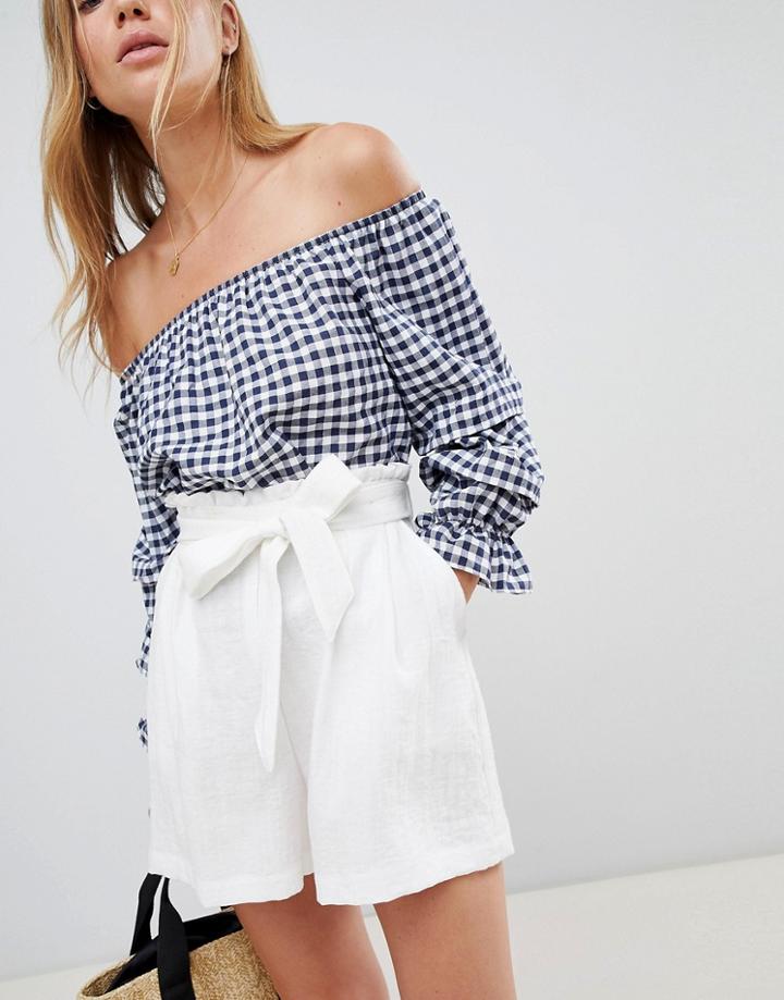 Qed London Off Shoulder Gingham Top - Navy