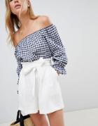 Qed London Off Shoulder Gingham Top - Navy