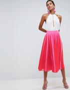 Asos Pleated Midi Skirt With Color Block Stripe - Pink