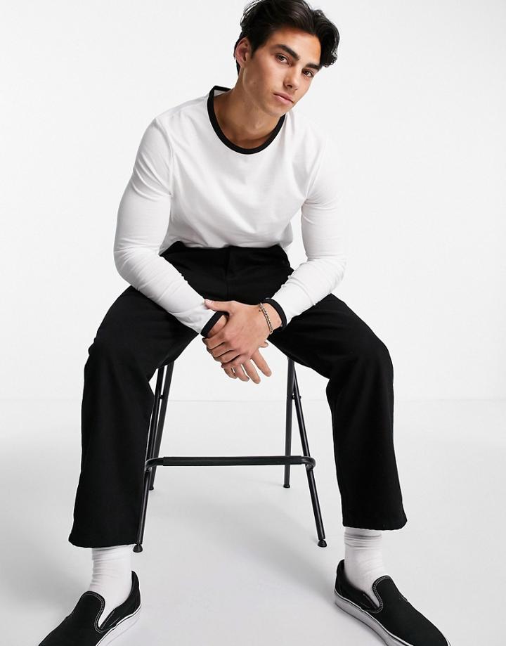 Asos Design Long Sleeve T-shirt In White With Contrast Ringer In Black