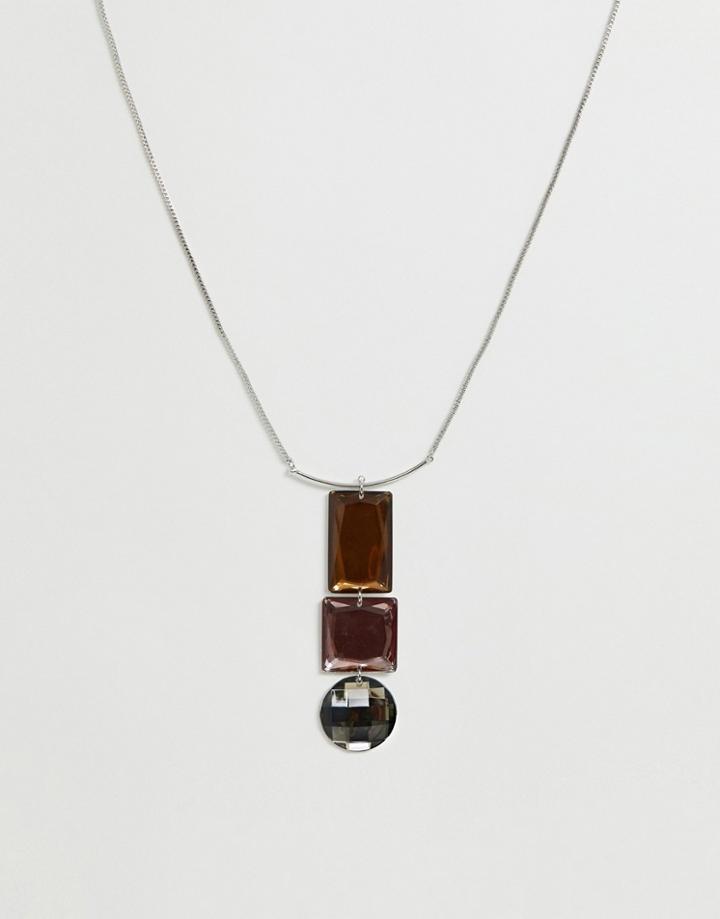 Asos Design Long Necklace With Mixed Gem Pendants In Silver - Silver