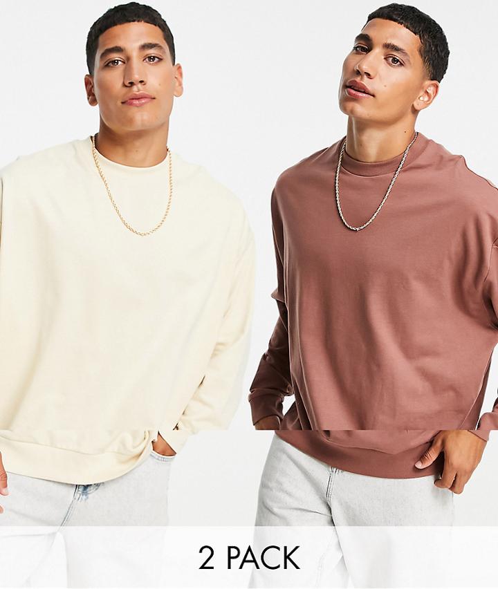 Asos Design 2-pack Lightweight Oversized Sweatshirts In Brown/beige-multi