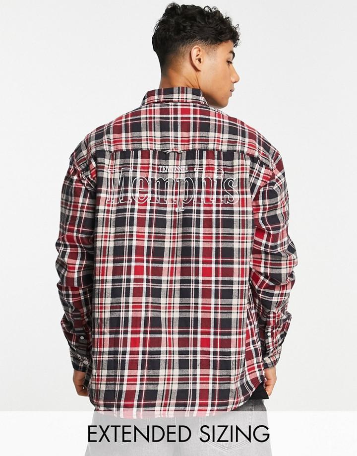 Asos Design 90s Oversized Brushed Flannel Check Shirt With Back City Embroidery-black