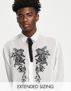 Asos Design Relaxed Shirt With Chest Embroidery And Tie Neck-white