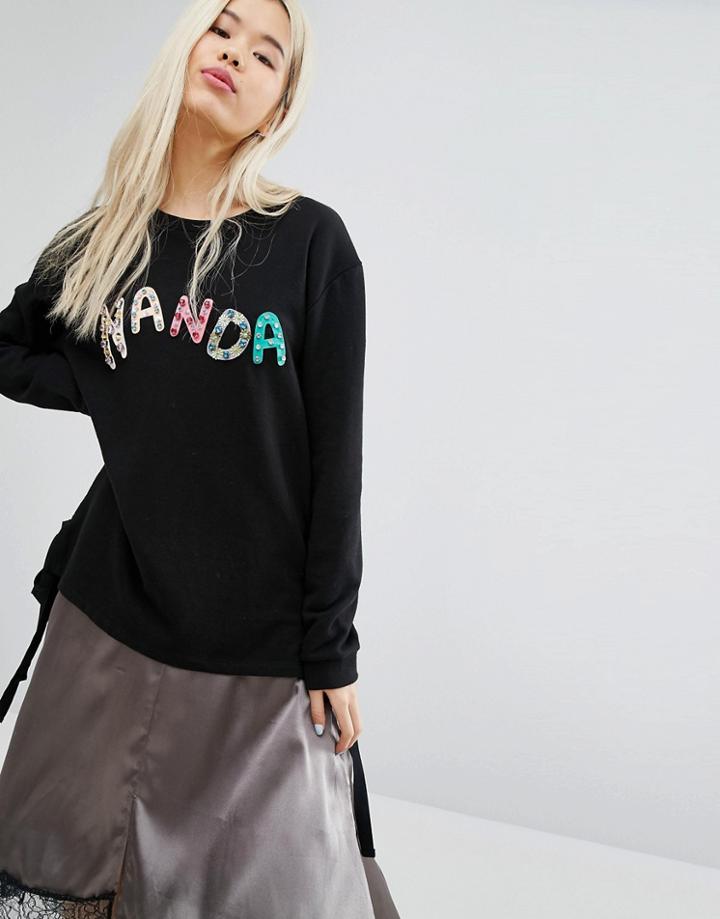 Stylenanda Logo Sweatshirt With Embellished Logo And Side Tie - Black