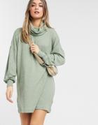 Asos Design Super Soft Long Sleeve Roll Neck Mini Dress In Sage Green Heather