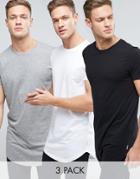 Jack & Jones Originals Longline Curved Hem T-shirt 3 Pack - Multi