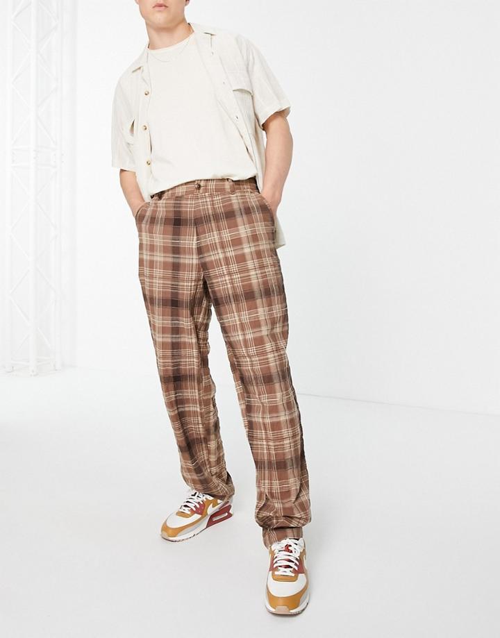 Asos Design Baggy Fit Pants In Brown Check