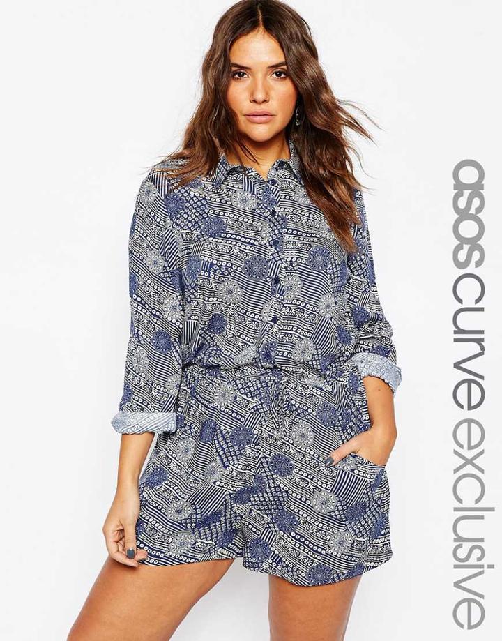 Asos Curve Shirt Romper In Blue Floral Stripe Print - Print