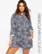 Asos Curve Shirt Romper In Blue Floral Stripe Print - Print
