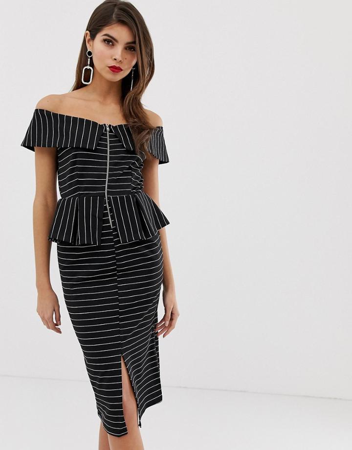 Asos Design Bardot Pencil Dress With Peplum And Zip Detail In Pinstripe-multi