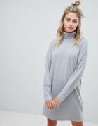Noisy May Roll Neck Batwing Knitted Mini Sweater Dress In Gray