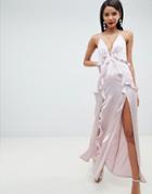 Asos Design Deep Plunge Ruffle Front Satin Maxi Dress With Open Back - Purple