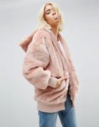 Asos Oversized Hooded Jacket In Faux Fur - Pink