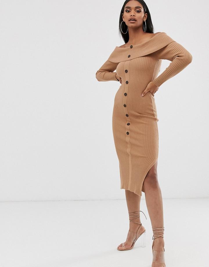 Asos Design Off Shoulder Midi Dress With Button Detail - Stone