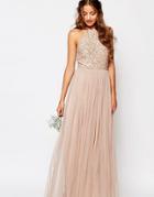 Maya Tall High Neck Maxi Tulle Dress With Tonal Delicate Sequins - Pink