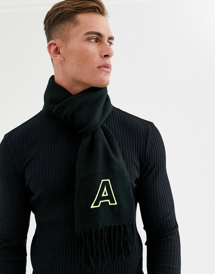 Asos Design Personalized Standard Woven Scarf In Black With Embroidered A