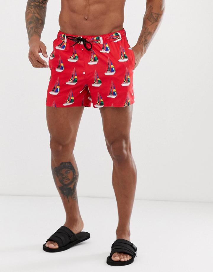 Asos Design Swim Shorts In Sailing Boat Print Short Length-red