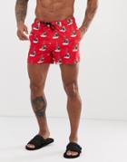 Asos Design Swim Shorts In Sailing Boat Print Short Length-red
