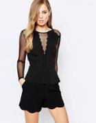 Sisley Scallop Top With Sheer Arms In Black - Black