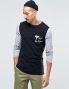 Asos Muscle Long Sleeve T-shirt With Chest Print And Contrast Sleeves - Black