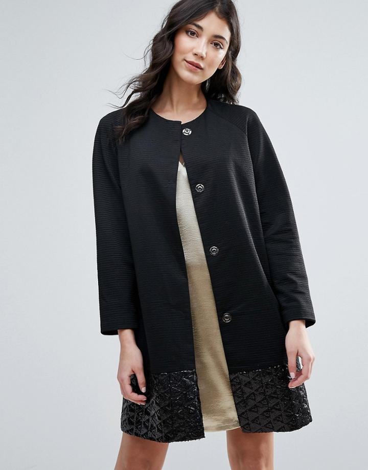 Traffic People Straight Coat With Jacquard Hem - Black