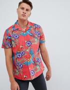 Asos Design Oversized Floral Printed Shirt In Red With Revere Collar - Red
