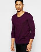 Asos V Neck Sweater In Burgundy Cotton - Burg Nep