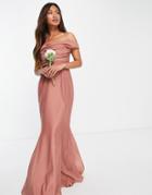 Asos Design Bridesmaid Off Shoulder Maxi Dress With Corset Detail-pink