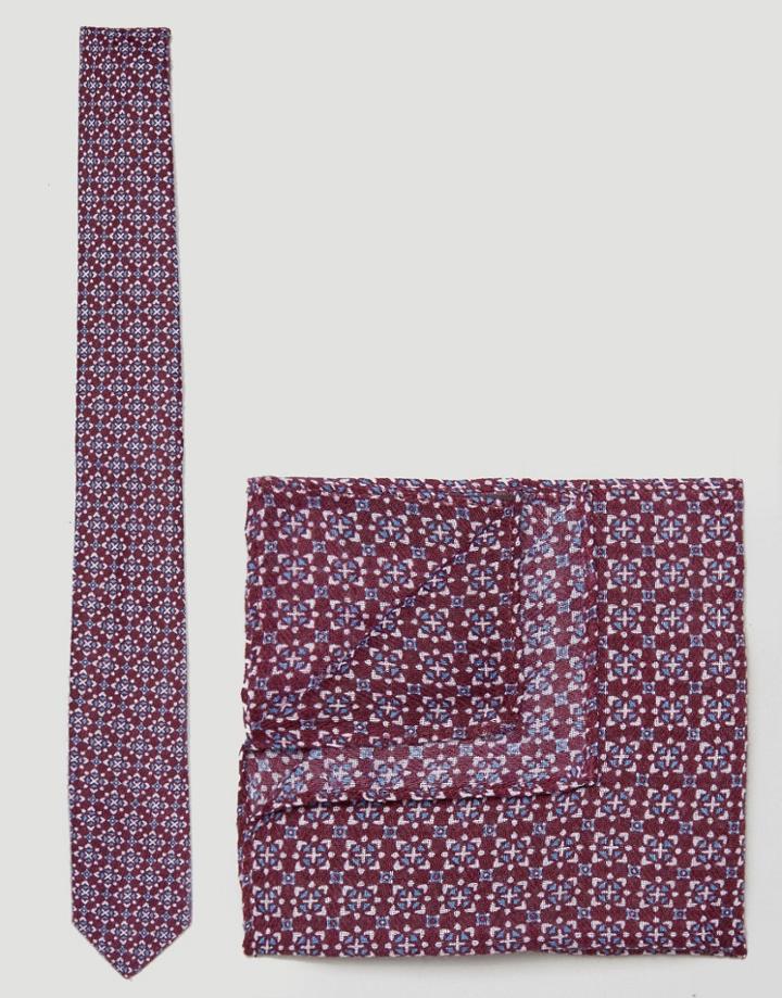 Asos Tie And Pocket Square Pack In Burgundy Geo Print - Burgundy