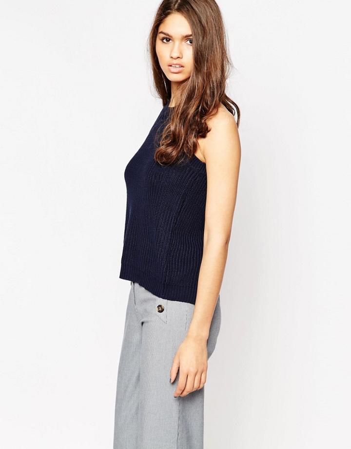 Brave Soul Halterneck Ribbed Top - Navy