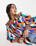 Never Fully Dressed Contrast Collar Blouse In Abstract Leopard Print - Part Of A Set-multi