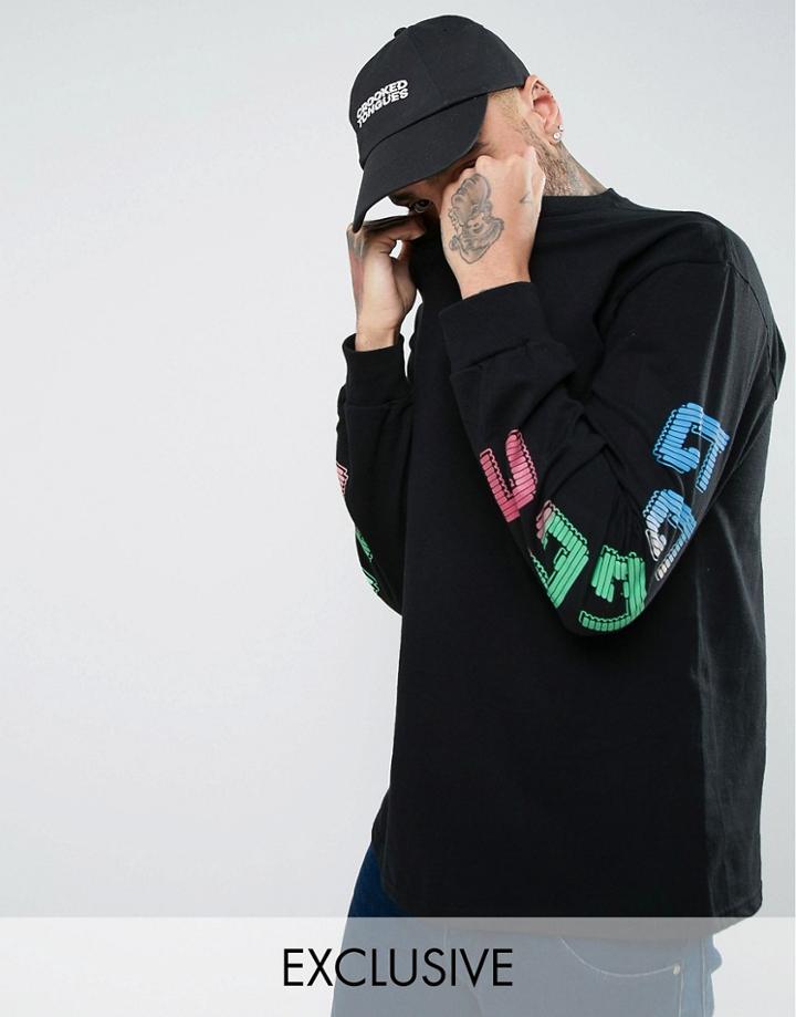 Crooked Tongues Long Sleeve Gildan T-shirt In Black With Sleeve Prints - Black
