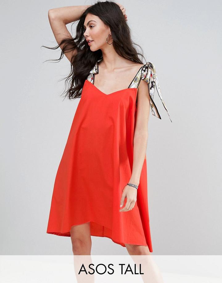 Asos Tall Cotton Sundress With Scarf Print Tie Straps - Red