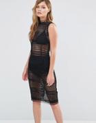 Dark Pink Midi Lace Dress With High Neck - Black