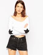 Asos Off Shoulder Cropped Sweatshirt With Star Patches - Cream