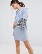Asos Shift Dress In Chambray With Gingham Sleeve - Blue
