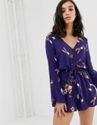 En Creme Tie Waist Romper In Bloom Floral And Fluted Sleeves - Blue