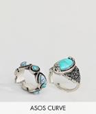 Asos Curve Pack Of 2 Faux Turquoise Stone Rings - Silver