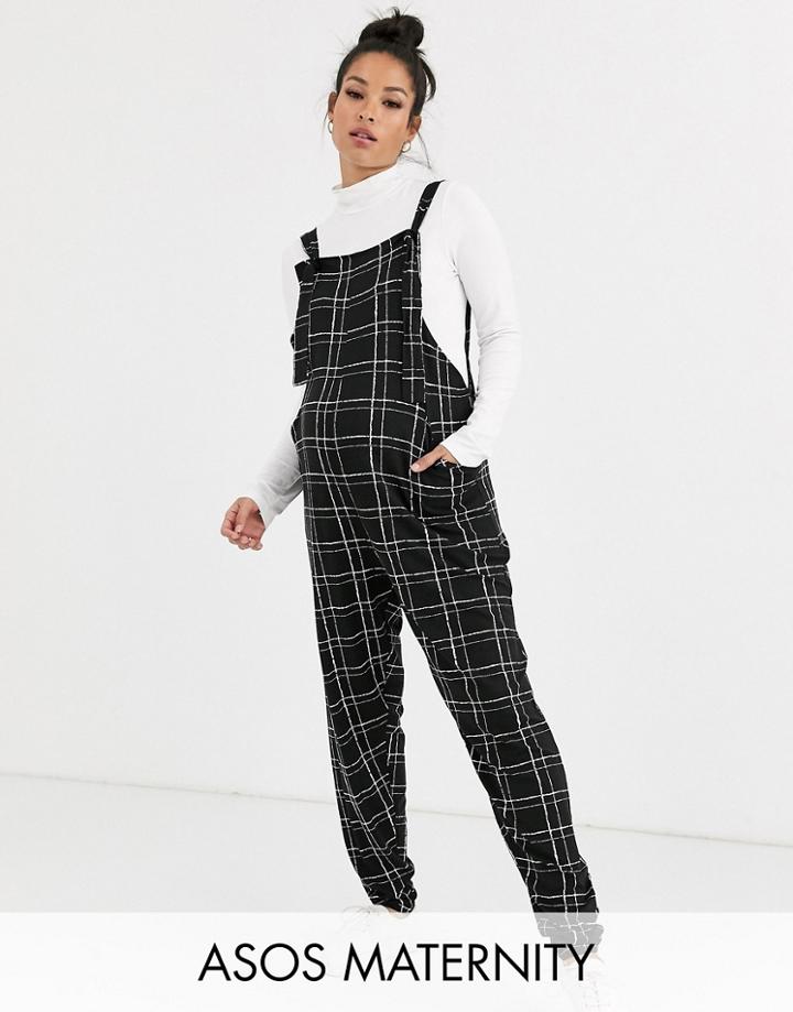 Asos Design Maternity Check Print Overall Jumpsuit In Jersey - Multi
