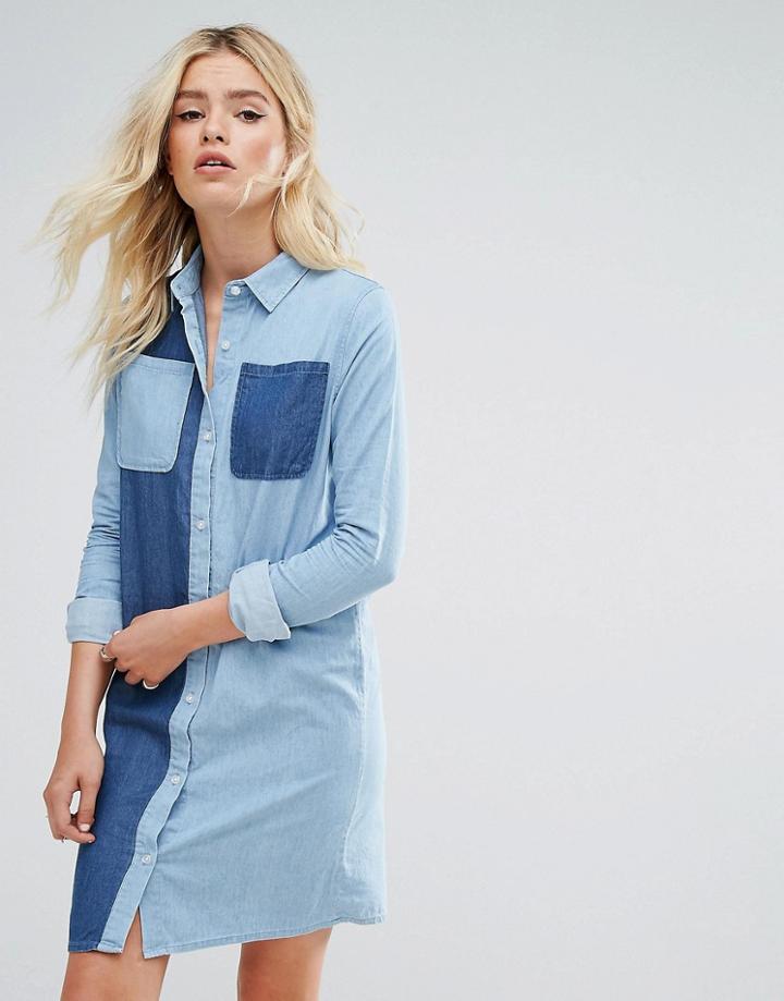Daisy Street Shirt Dress In Two Tone Denim - Blue
