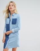 Daisy Street Shirt Dress In Two Tone Denim - Blue