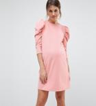 Asos Maternity Crepe Mini Dress With Puff Sleeves - Pink