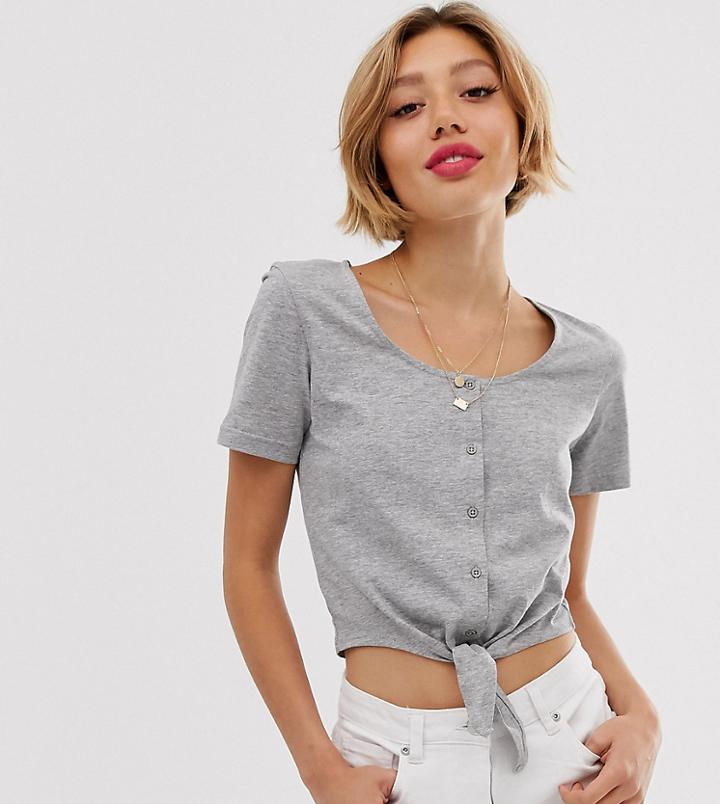Brave Soul Petite Crop T Short With Tie Front And Button Detail-gray
