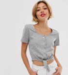 Brave Soul Petite Crop T Short With Tie Front And Button Detail-gray
