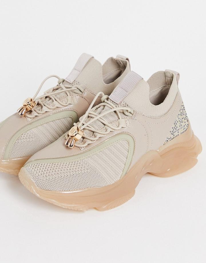 River Island Chunky Knit Sneakers With Crystal Detail In Beige-neutral