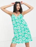 Monki Strappy Mini Dress In Green Hibiscus Floral Print