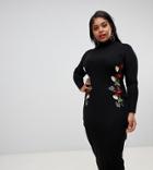 Asos Design Curve Embroidered Rib Midi Bodycon Dress With Open Back - Black