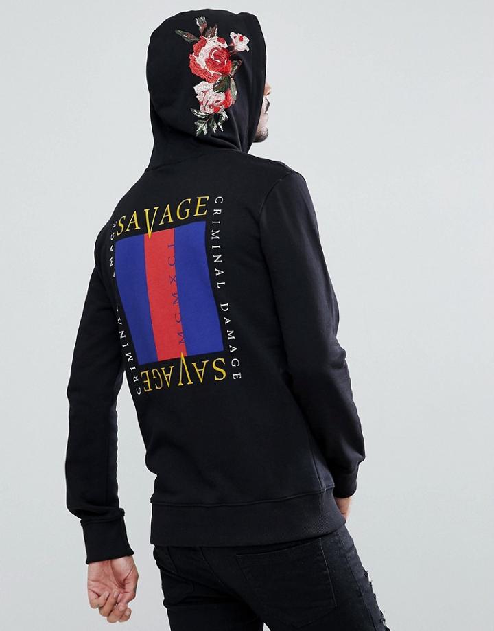Criminal Damage Muscle Rose Back Print Hoodie - Black