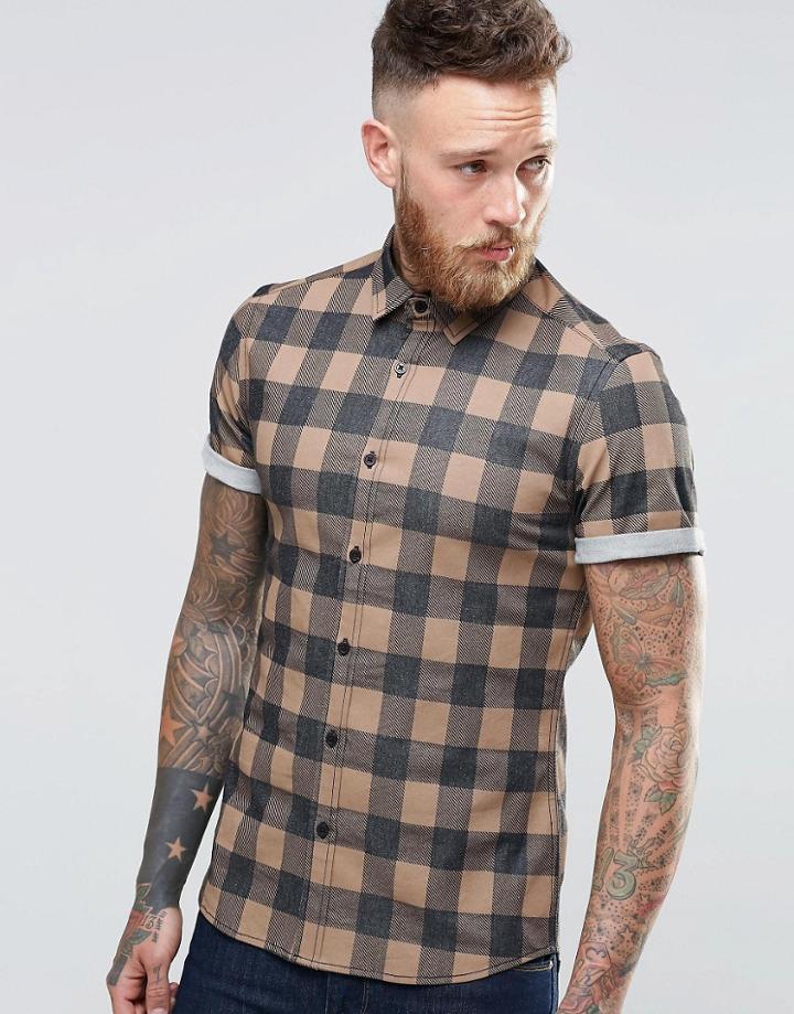 Asos Skinny Denim Shirt With Buffalo Plaid In Camel